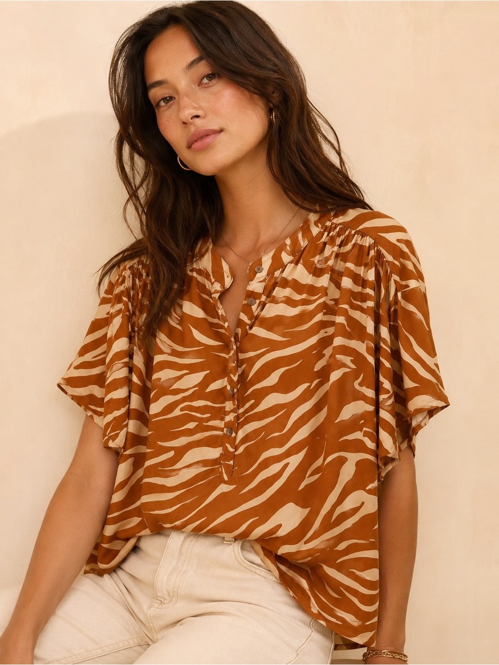Maeve By Anthropology Neutral Rust/Cream Zebra Animal Print Flutter Sleeve Top